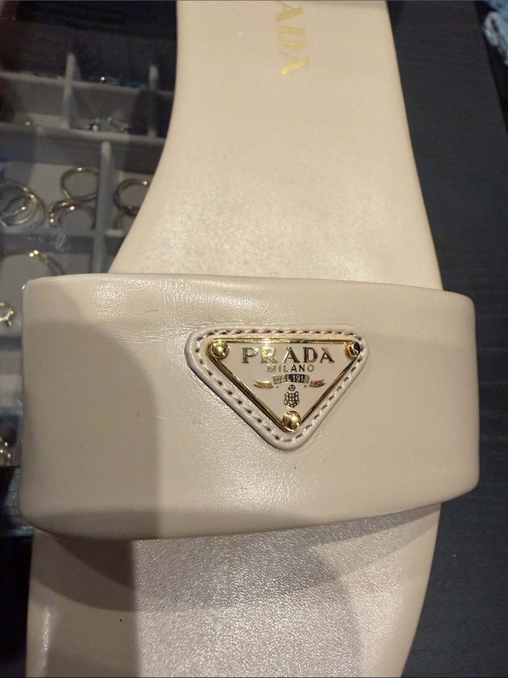 Prada Beige Leather Slide Mules with Triangle Logo - Picture 6 of 7